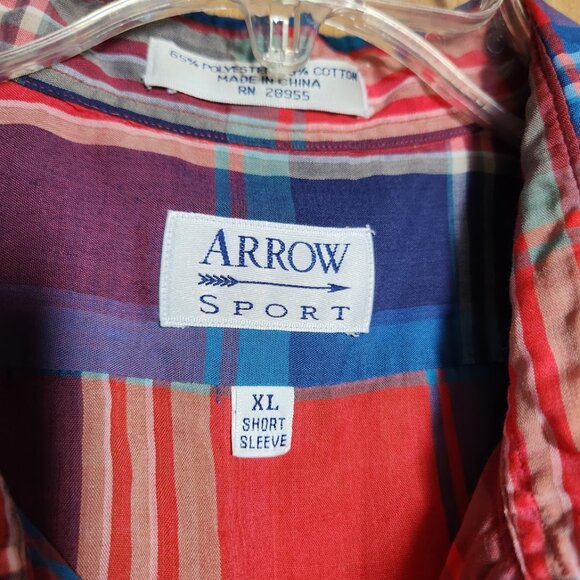 Arrow Sport Size XL Extra Large Short Sleeve Red Paid Shirt Button up Down - Picture 3 of 5